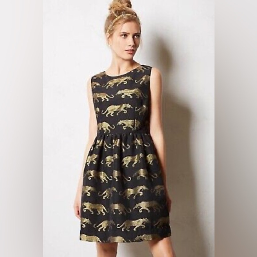 ANTHROPOLOGIE Eyedoll Black and Gold Panthere Dress Size 6